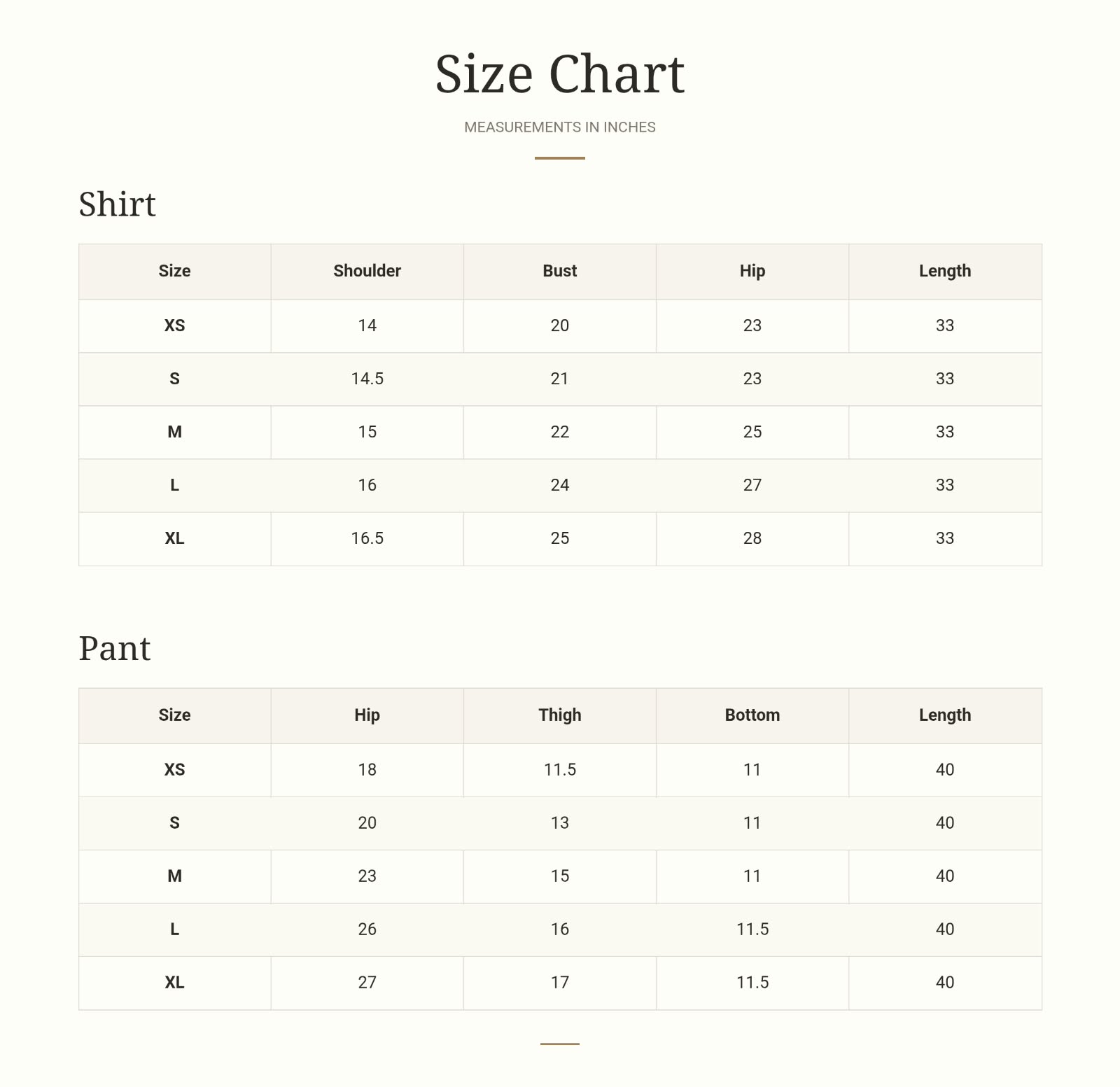 Size chart for Roselle