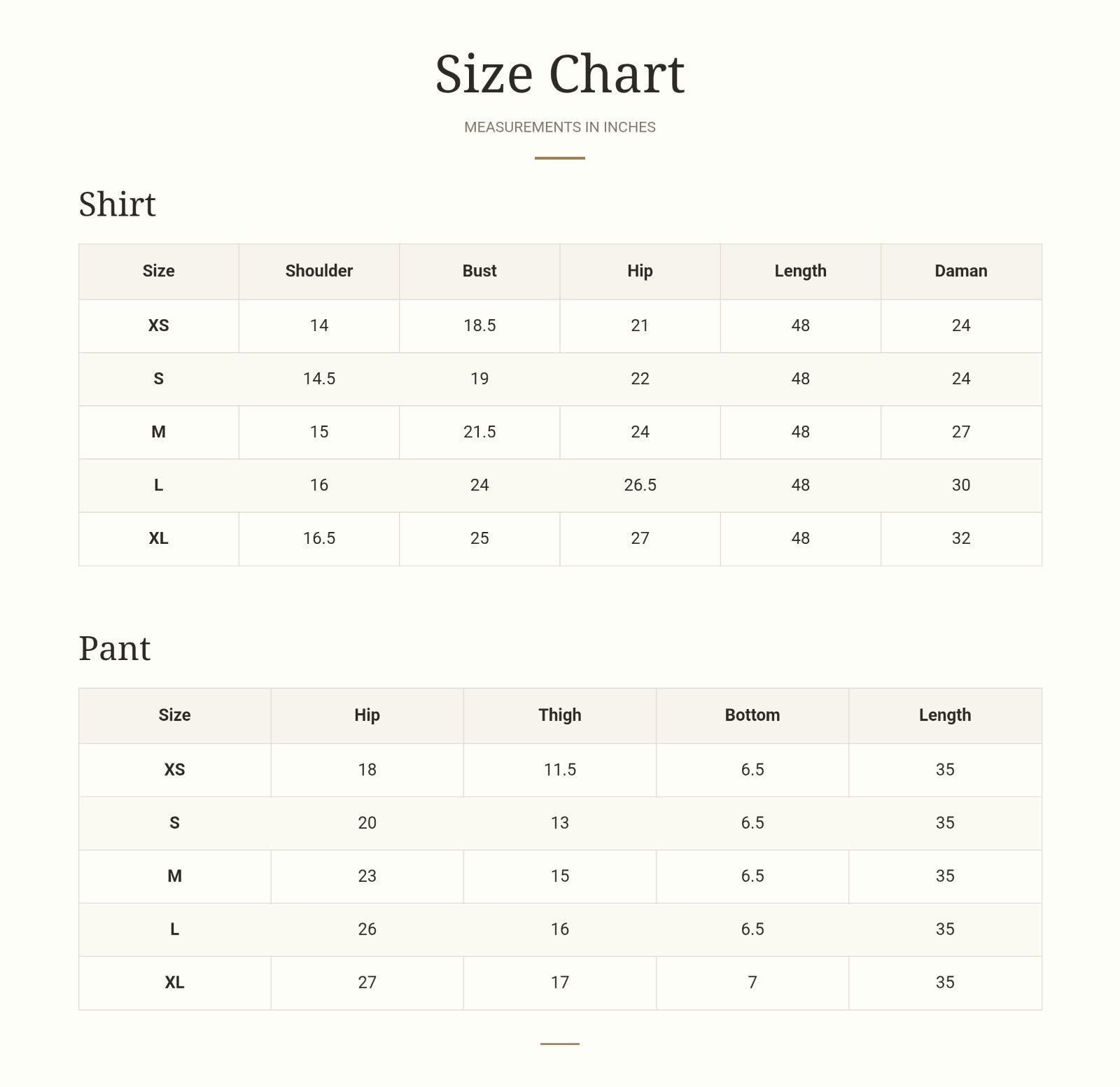 Size chart for Serene Mist