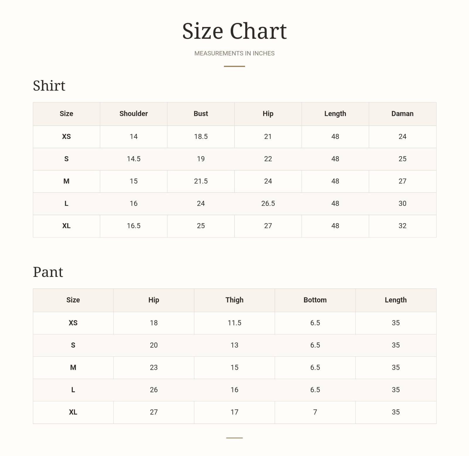Size chart for Mocha Muse